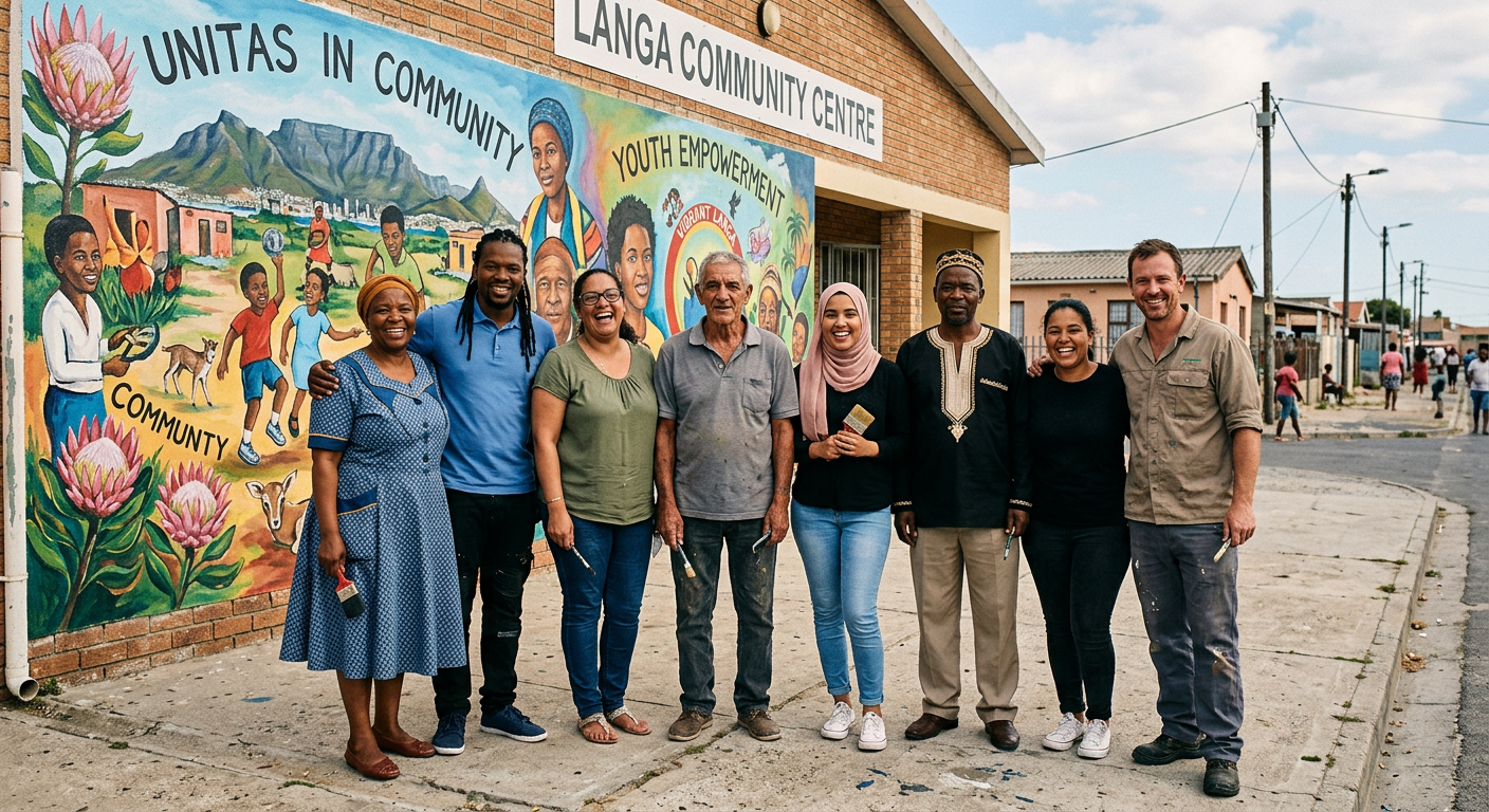 Community members standing together in front of a freshly painted community centre