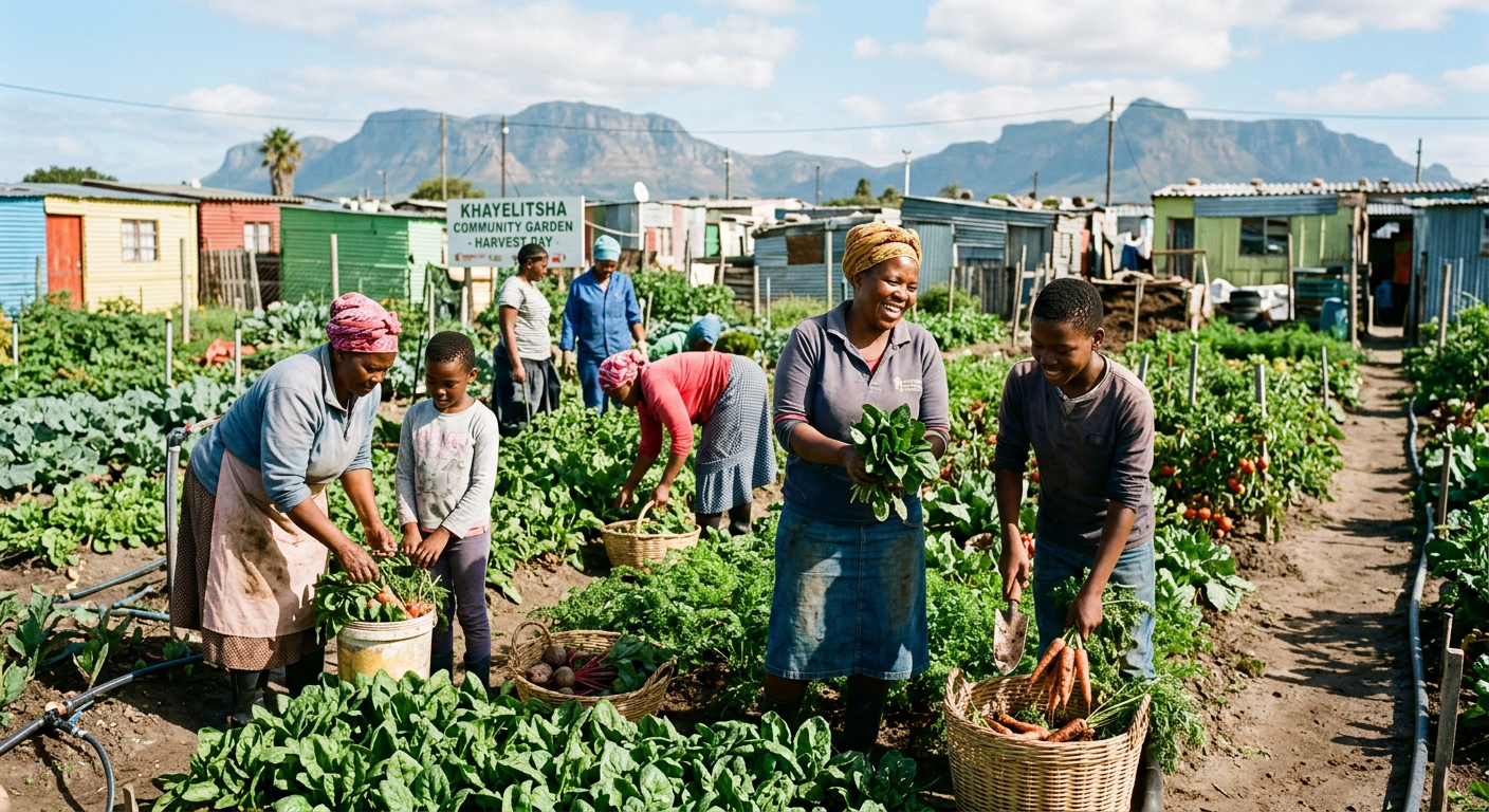 Residents harvesting vegetables in a community food garden
